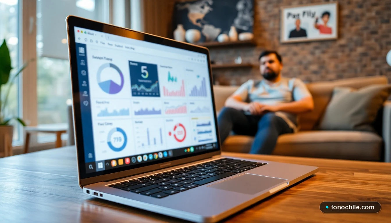 Persona utilizando el portal de gestión de servicios de telecomunicaciones Movistar One desde su computador portátil en casa.
