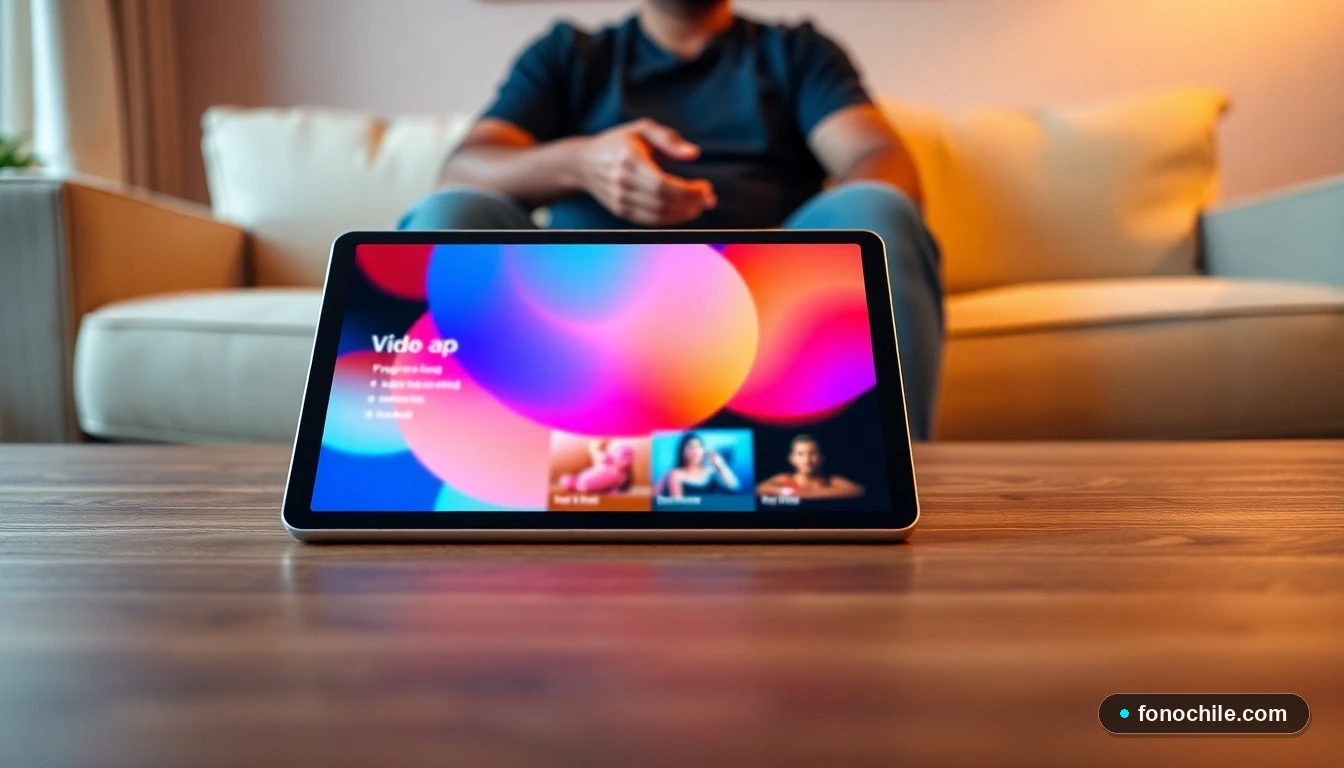 Tablet con interfaz de aplicación de streaming sobre mesa de centro en un living moderno.