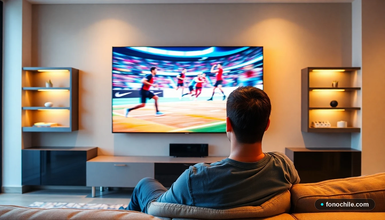 Hombre disfrutando de una transmisión deportiva en alta definición en su sala de estar moderna en Chile.