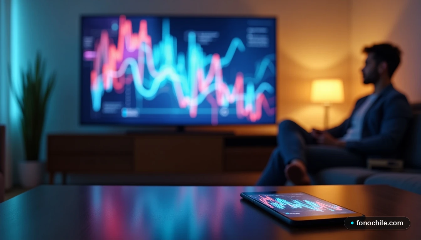 Pantalla de televisión y dispositivos móviles mostrando gráficos de colores abstractos en un living moderno, representando el contenido de streaming.