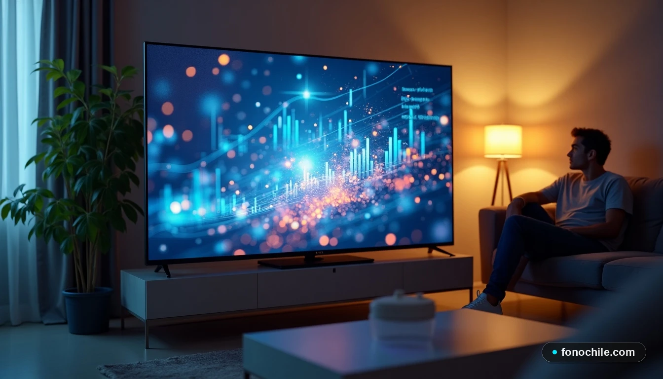 Pantalla de televisor inteligente mostrando gráficos de datos abstractos y coloridos en una sala de estar moderna.
