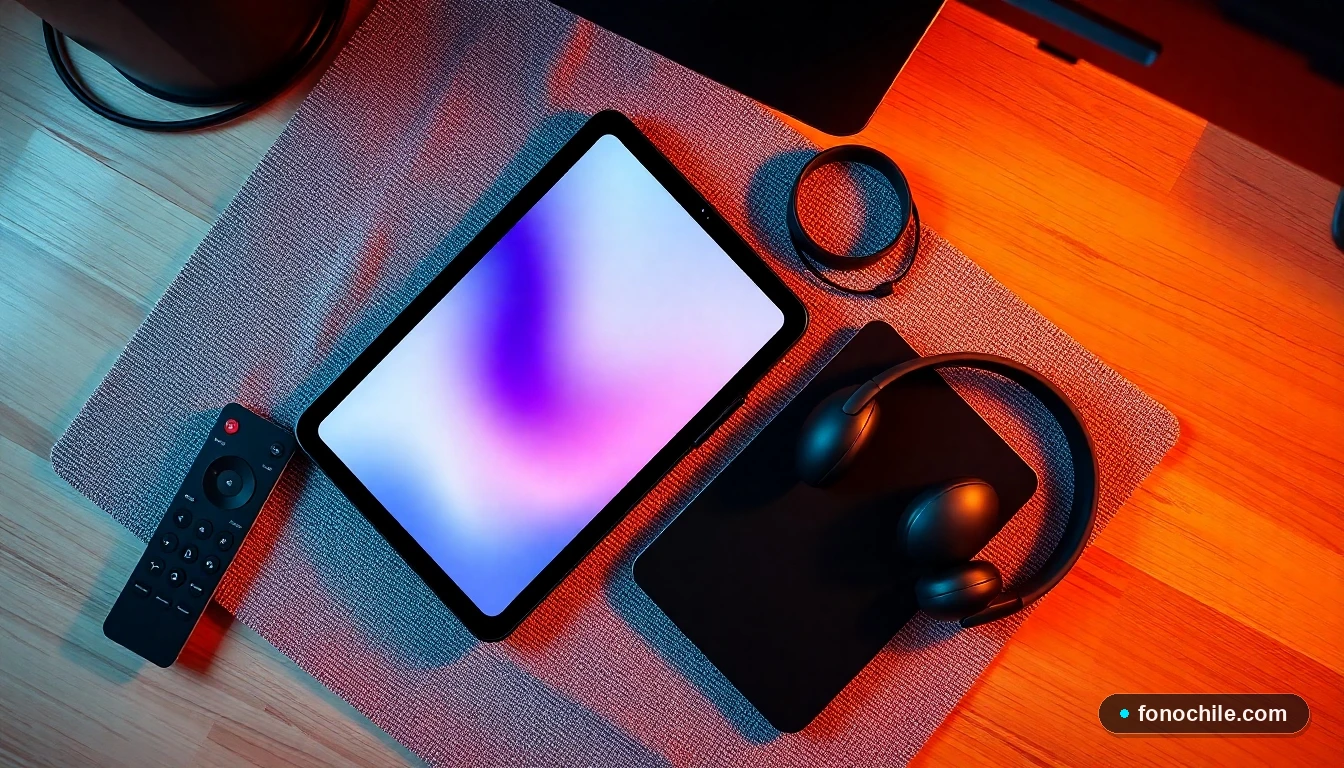 Vista aérea de un conjunto de dispositivos tecnológicos modernos en un escritorio, incluyendo un teléfono, una tableta y auriculares, listos para acceder a contenido de streaming.