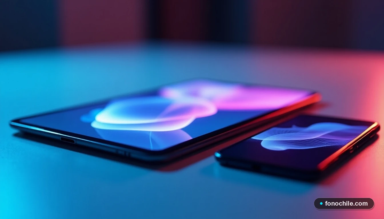 Tablet y smartphone con interfaces de usuario genéricas en colores azul y magenta, en primer plano sobre una mesa.