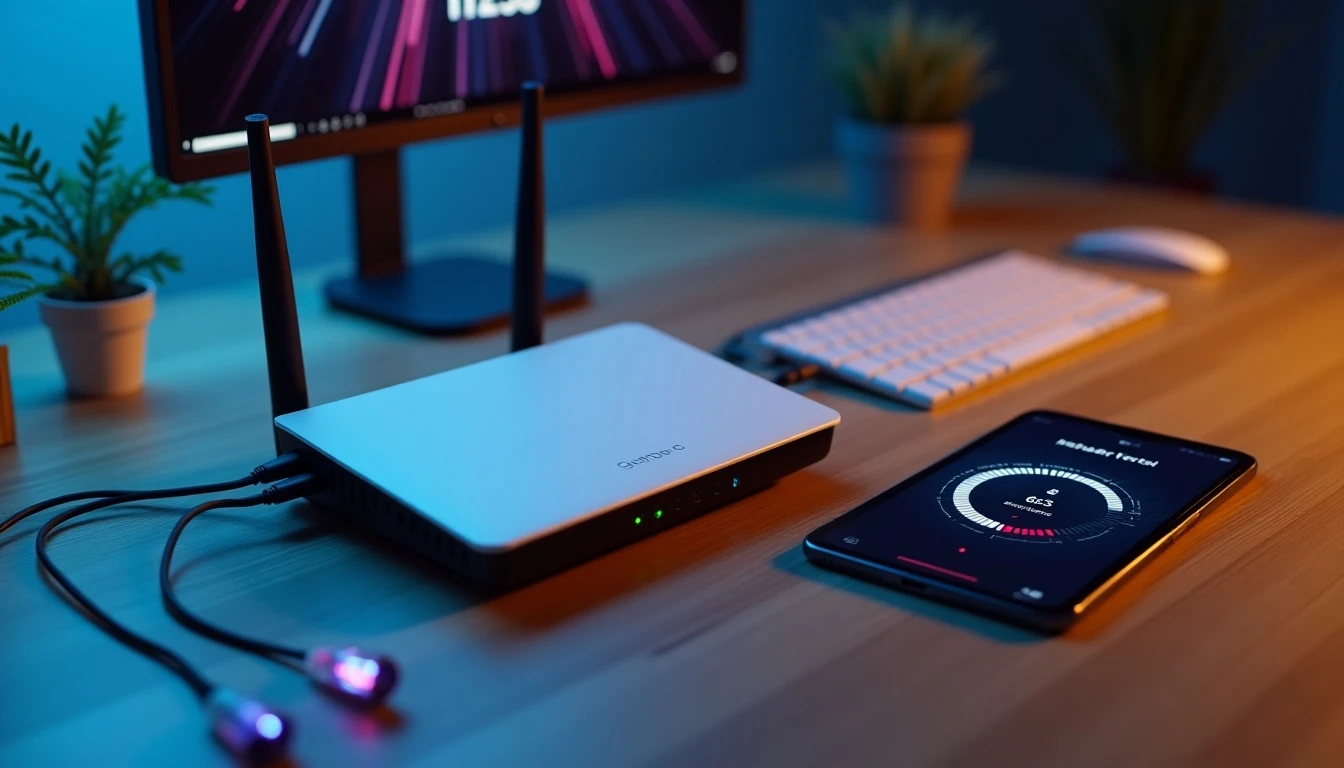Comparativa visual de tecnología de internet y telefonía móvil: router fibra óptica y dispositivos modernos.