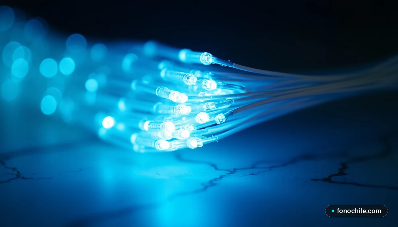 Detalle de cables de fibra óptica iluminados, representando la infraestructura de alta velocidad para internet.