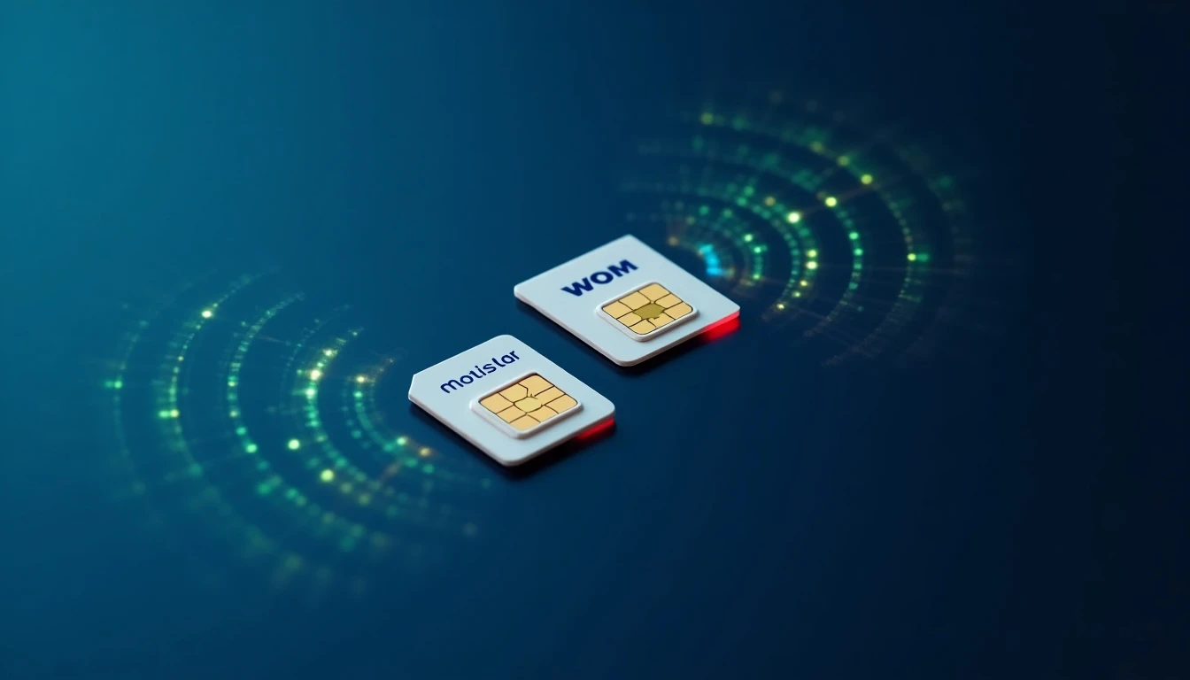 Comparativa visual de chips SIM de Movistar y WOM con representación de señal de red.