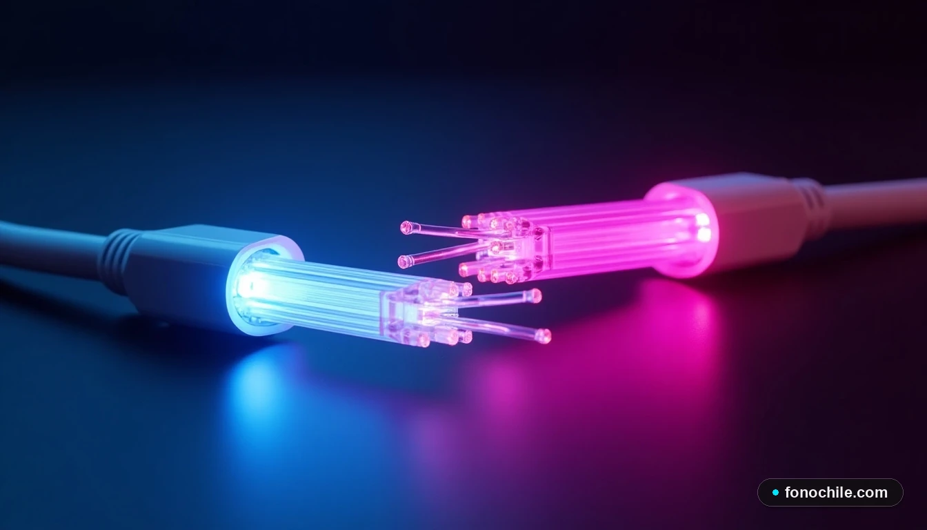 Detalle abstracto de cables de fibra óptica iluminados en colores que representan la tecnología de red de diferentes operadoras.