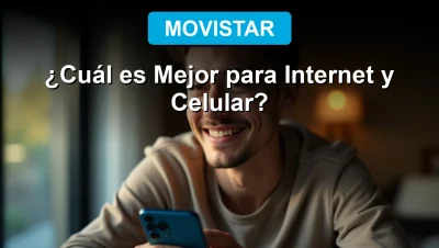 Hombre joven satisfecho usando internet de alta velocidad de Movistar en su celular, con expresión de alivio y conexión estable.