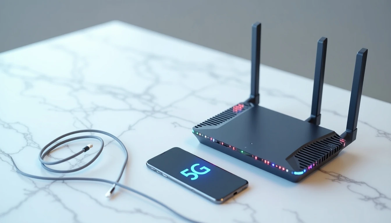 Comparativa visual de tecnología de internet y telefonía móvil: router, smartphone 5G y cable de fibra óptica.