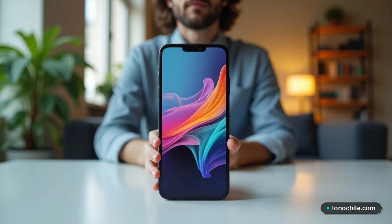Primer plano de un teléfono inteligente mostrando gráficos abstractos de conectividad en un escritorio doméstico.
