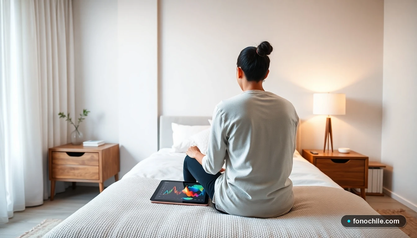 Diseño moderno de dormitorio con muebles esenciales y tablet mostrando gráficos de tendencias de decoración