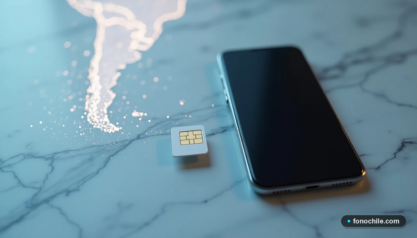 Vista superior de un smartphone y una tarjeta SIM alineados sobre una superficie de mármol, con un mapa de Chile y una red luminosa de fondo.