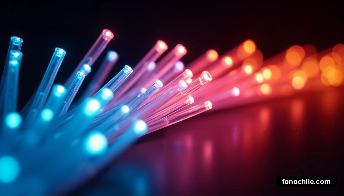 Detalle abstracto de cables de fibra óptica iluminados, representando la velocidad y cobertura de internet.