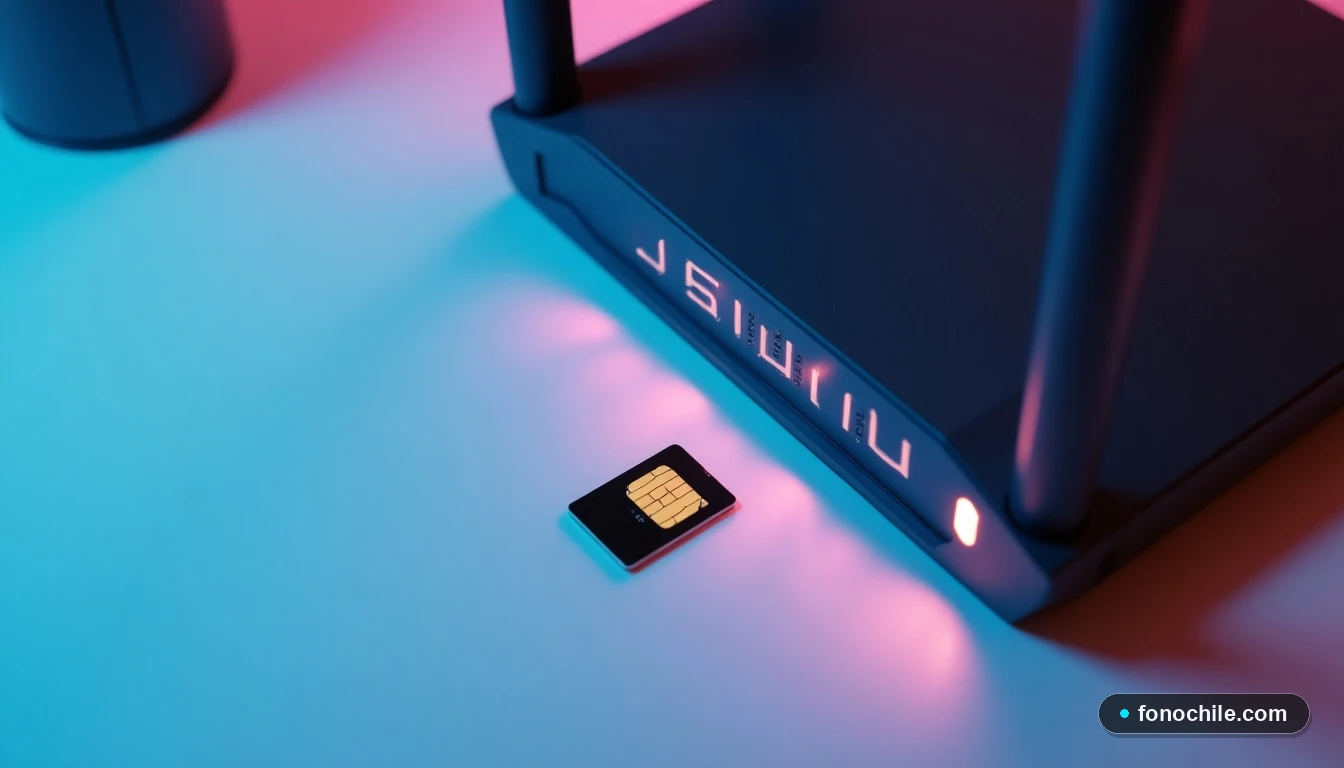 Tarjeta SIM moderna junto a un router de internet en una mesa, con un enfoque detallado en los contactos metálicos de la SIM.