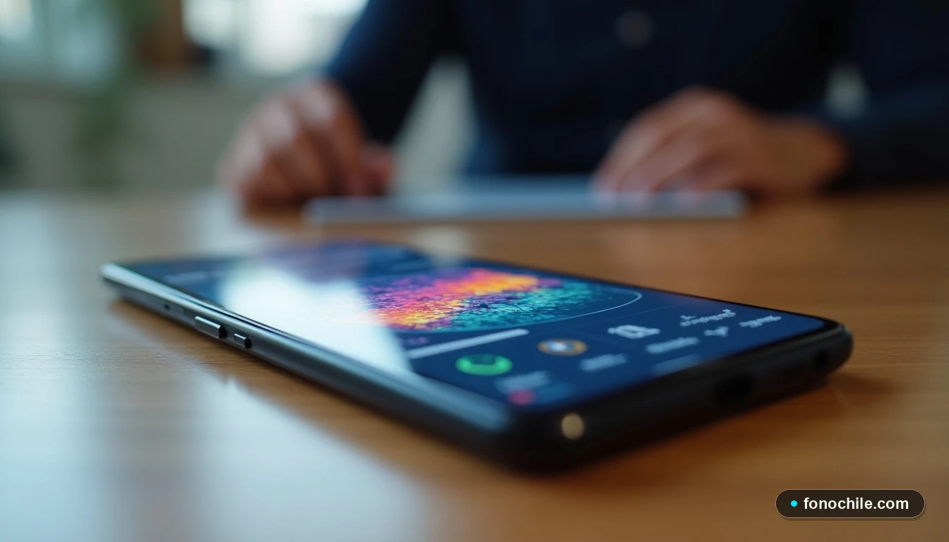 Smartphone mostrando visualización abstracta de datos de cobertura móvil y conectividad en Chile.