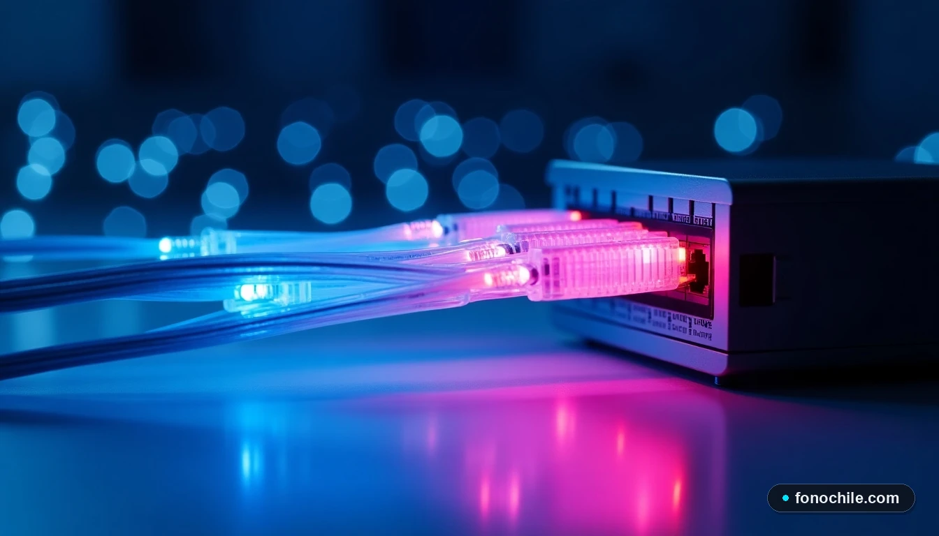 Primer plano de cables de fibra óptica iluminados en un entorno tecnológico moderno.