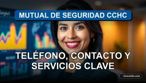 Una mujer latina sonriente, profesional de Mutual de Seguridad, en un entorno de oficina moderna y segura.