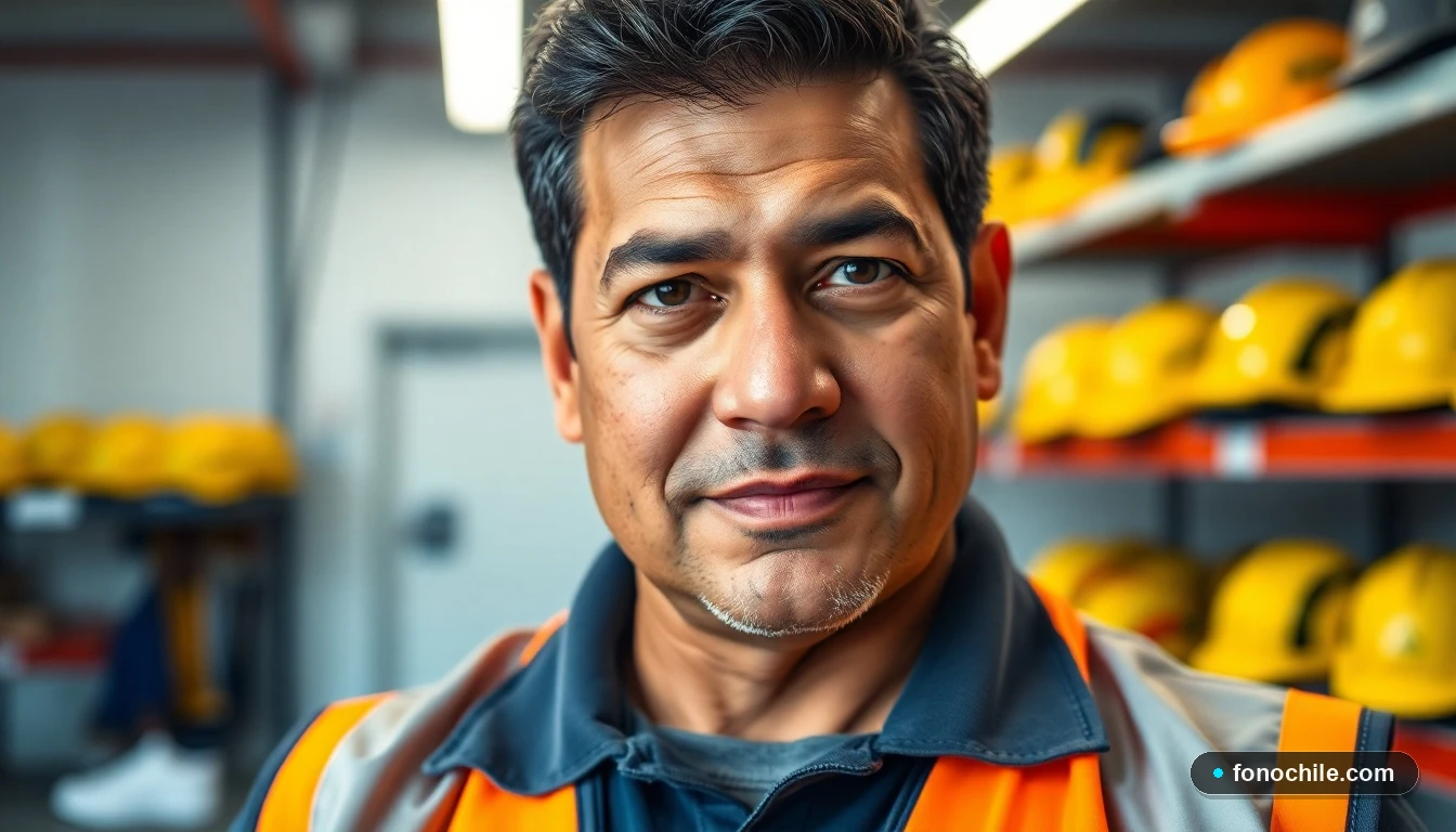 Un técnico de seguridad hispano de Mutual de Seguridad, con chaleco reflectante, en un centro de entrenamiento.