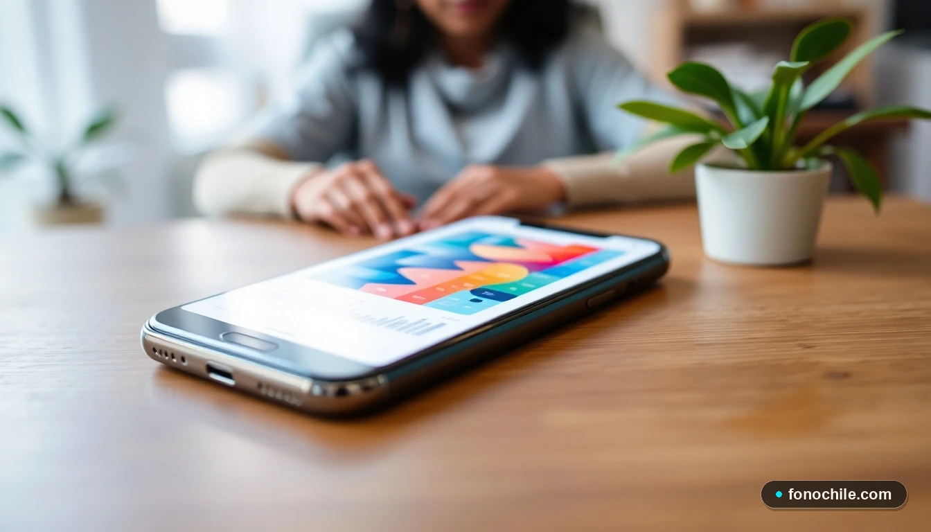 Interfaz moderna de una aplicación móvil mostrando gráficos de gestión de pagos y servicios, vista desde arriba en un entorno doméstico.