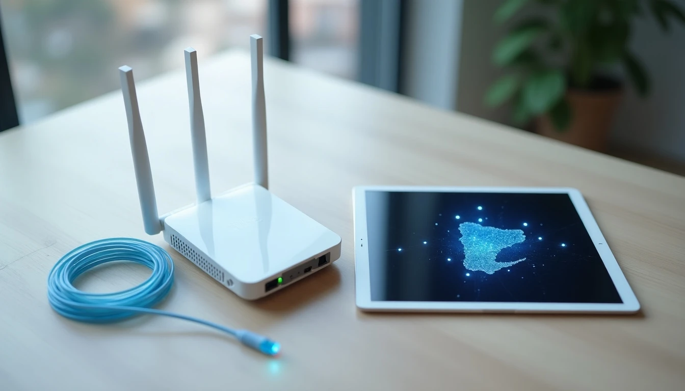 Router WiFi 6 y cable de fibra óptica de NetSky con mapa de cobertura en Chile