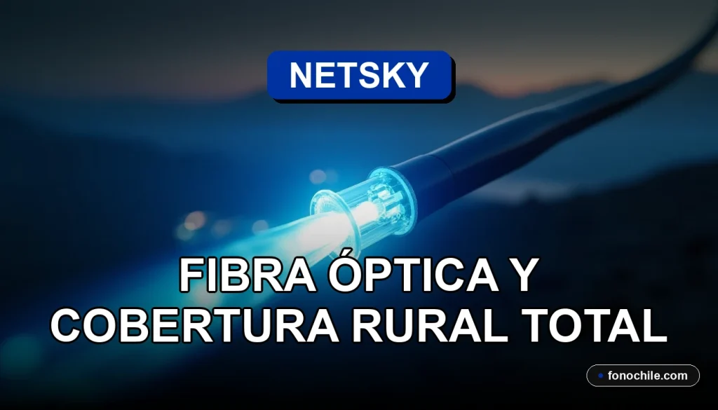 NetSky fiber optic cable glowing with blue light against a dark background, representing high-speed internet expansion across Chile.