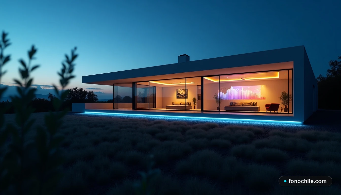 Casa moderna en zona rural chilena al atardecer, con línea de fibra óptica de NetSky conectada discretamente, mostrando cobertura total fuera de la ciudad.