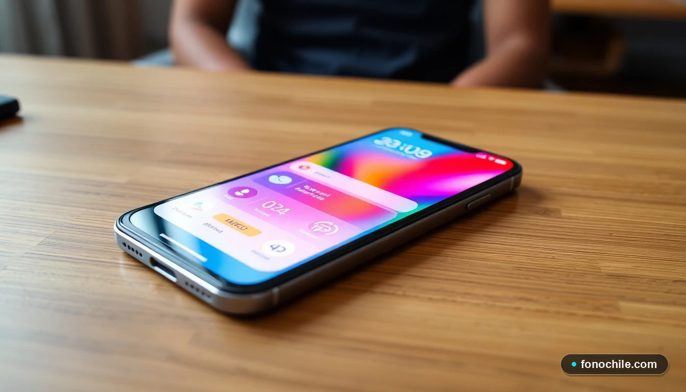Pantalla de un smartphone mostrando un panel de notificaciones abstracto y colorido de una operadora móvil.
