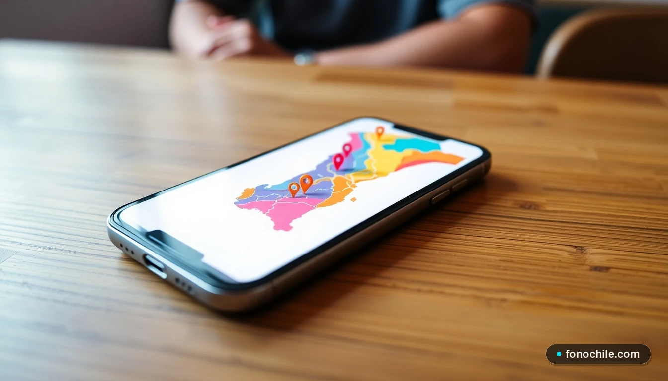 Mapa abstracto de Chile mostrando la ubicación de nuevos locales de comida rápida con pines de colores.