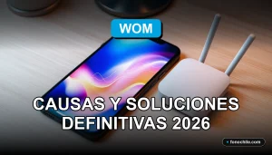 Un teléfono móvil WOM bloqueado sobre una mesa, mostrando gráficos abstractos en su pantalla, junto a herramientas de diagnóstico.