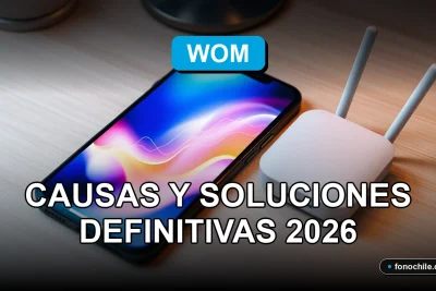 Un teléfono móvil WOM bloqueado sobre una mesa, mostrando gráficos abstractos en su pantalla, junto a herramientas de diagnóstico.