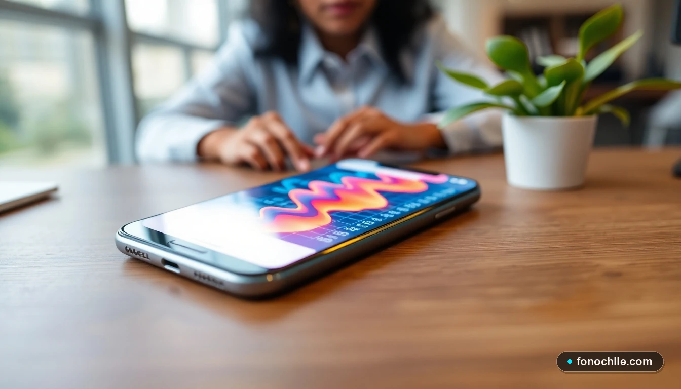 Smartphone mostrando gráficos abstractos de conectividad de red en una mesa, representando el proceso de desbloqueo de línea móvil.
