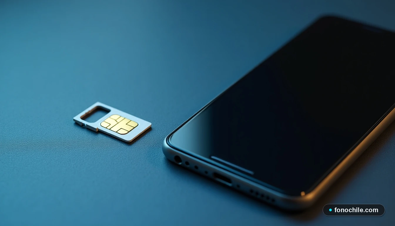 Vista aérea de un teléfono inteligente y una tarjeta SIM descansando sobre una superficie de trabajo gris.