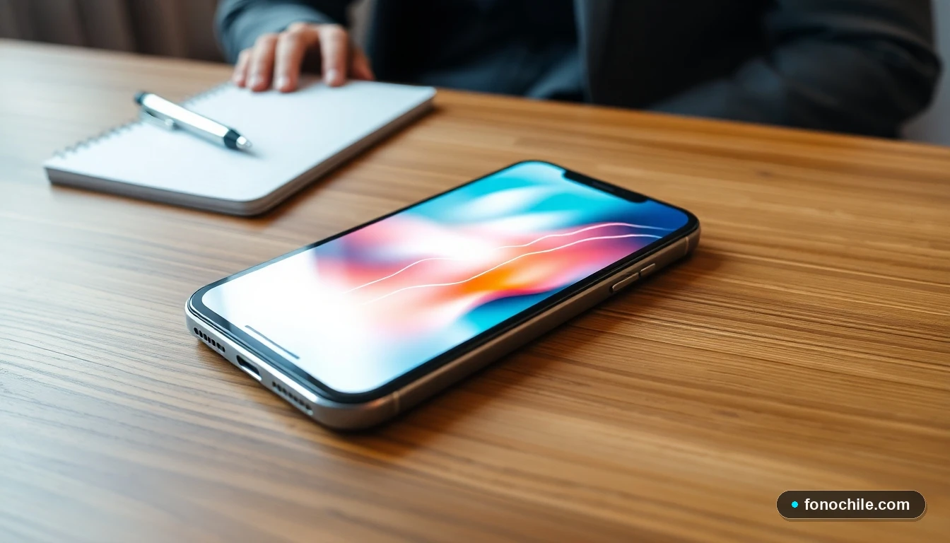 Smartphone mostrando gráficos de datos abstractos sobre contacto de servicio al cliente en un escritorio.