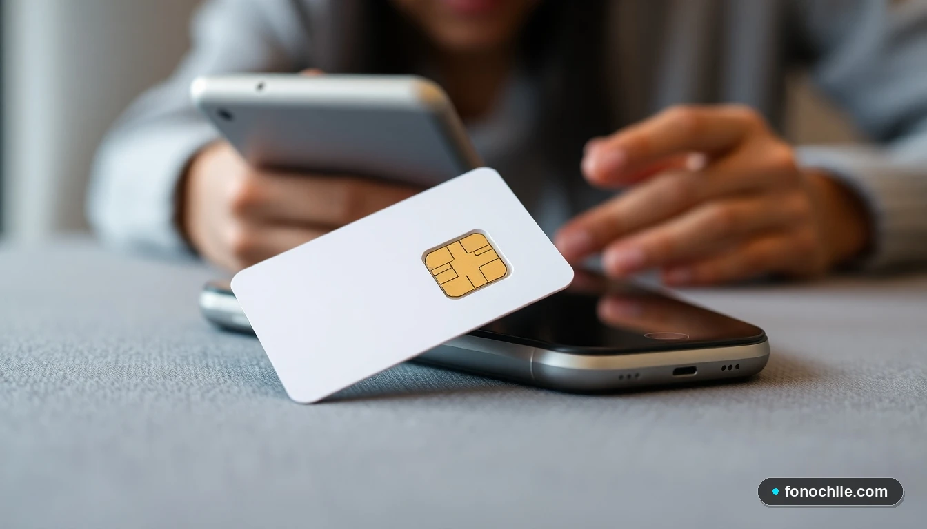 Tarjeta SIM en primer plano sobre fondo abstracto, representando la activación de un nuevo número de teléfono móvil.