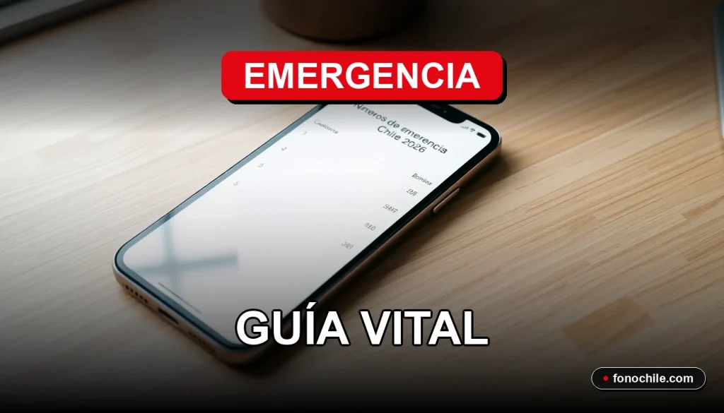 Teléfono móvil mostrando números de emergencia de Chile en pantalla, sobre fondo de escritorio.