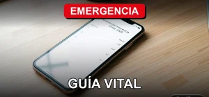 Teléfono móvil mostrando números de emergencia de Chile en pantalla, sobre fondo de escritorio.