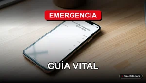 Teléfono móvil mostrando números de emergencia de Chile en pantalla, sobre fondo de escritorio.