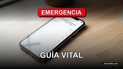 Teléfono móvil mostrando números de emergencia de Chile en pantalla, sobre fondo de escritorio.