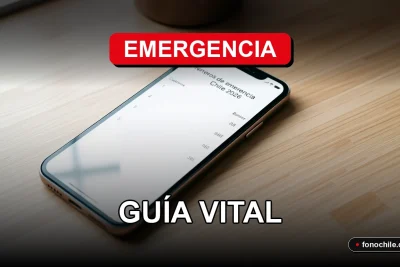 Teléfono móvil mostrando números de emergencia de Chile en pantalla, sobre fondo de escritorio.