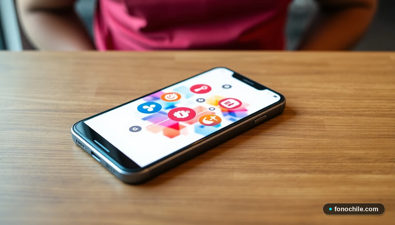 Infografía de colores con iconos de servicios de emergencia mostrada en la pantalla de un smartphone moderno.