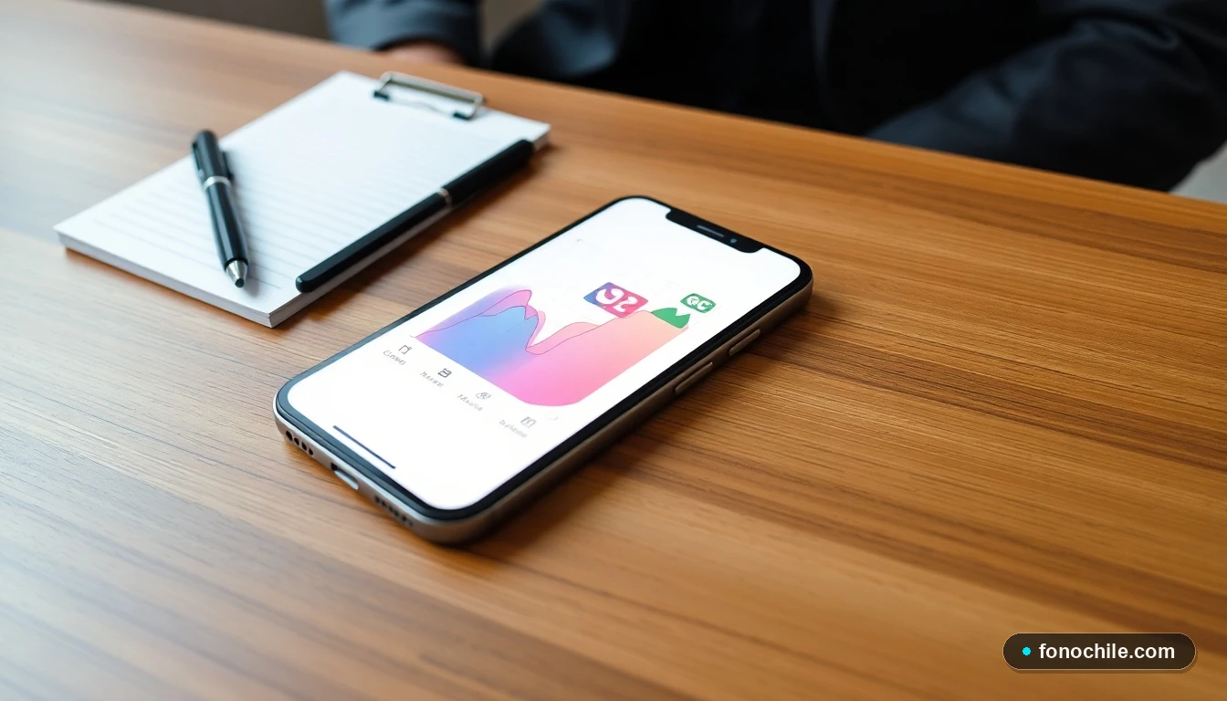 Smartphone mostrando una interfaz gráfica con iconos de justicia y comunicación para contactar tribunales en Chile.
