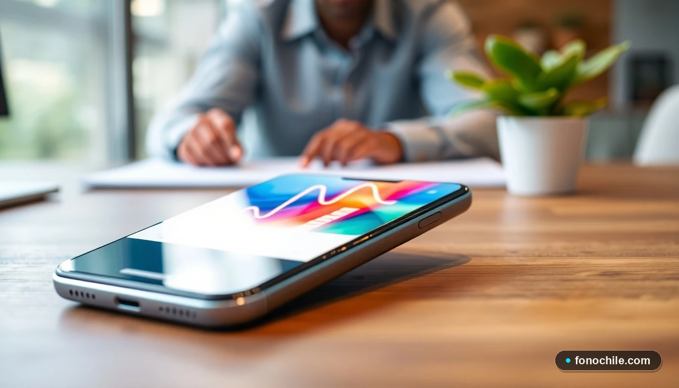 Smartphone mostrando una interfaz abstracta de gráficos de colores para representar la búsqueda de números de contacto.