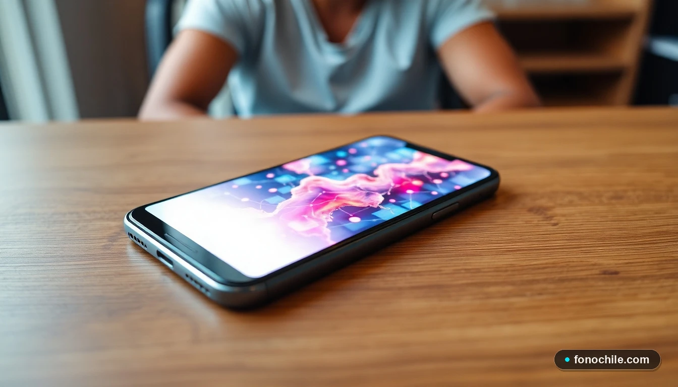 Smartphone mostrando un gráfico abstracto de conectividad de red sobre una mesa de madera.