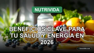Suplemento vitamínico Nutrivida en envase moderno sobre mesa de madera clara, rodeado de frutas frescas y vegetales coloridos.