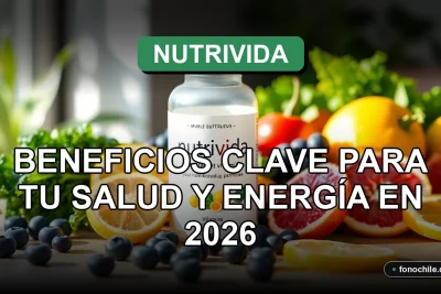 Suplemento vitamínico Nutrivida en envase moderno sobre mesa de madera clara, rodeado de frutas frescas y vegetales coloridos.