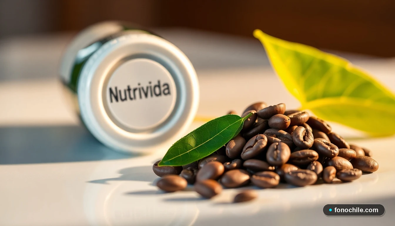 Primer plano de ingredientes naturales como granos de café y cacao junto al envase de Nutrivida, representando fuentes de energía pura.