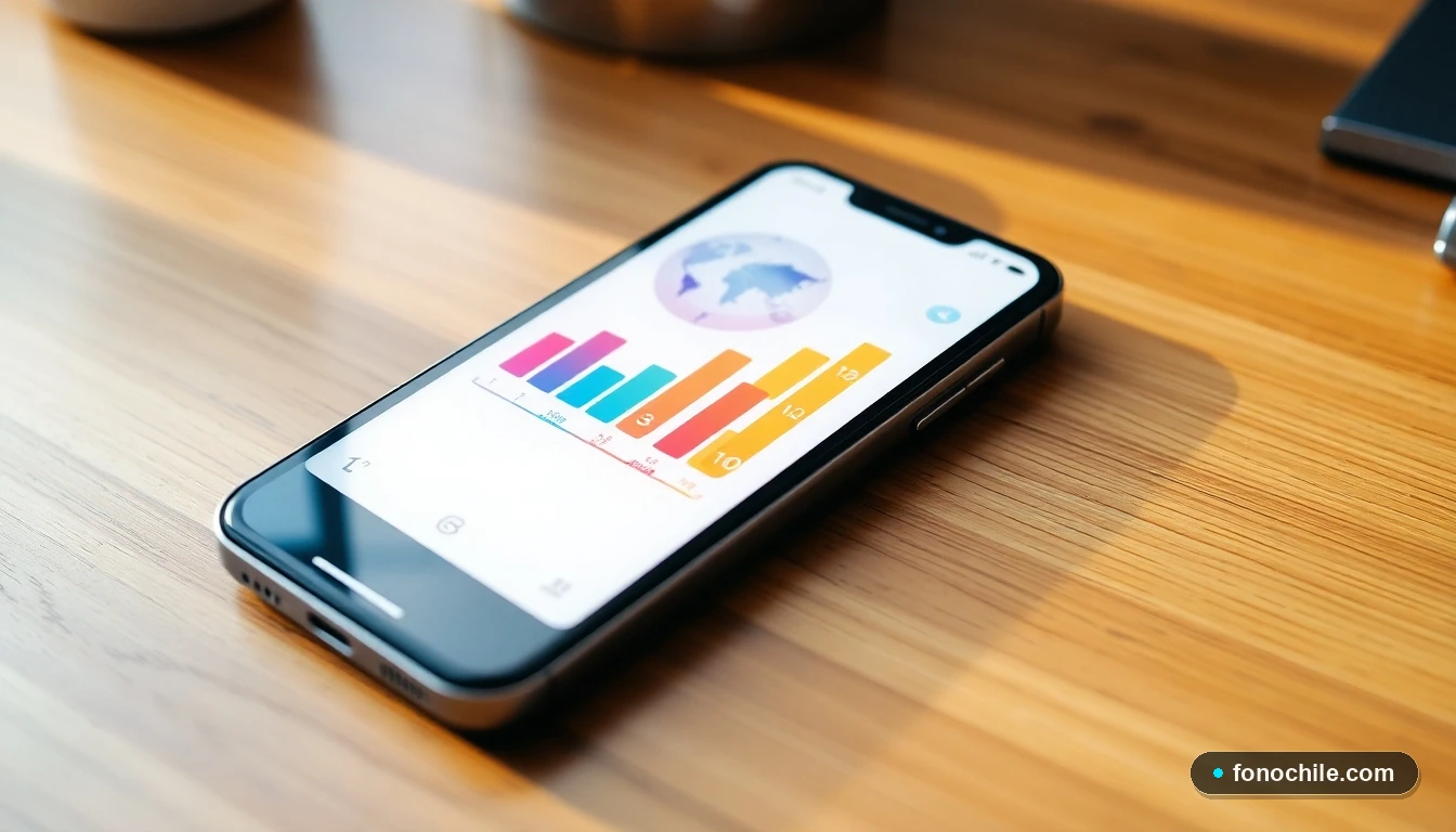 Smartphone mostrando un gráfico abstracto de colores sobre eficiencia energética y obligaciones legales para propietarios en Chile.