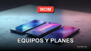 Ofertas de celulares y planes WOM 2026 en exhibición sobre una mesa de diseño moderna.