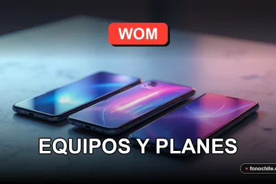 Ofertas de celulares y planes WOM 2026 en exhibición sobre una mesa de diseño moderna.