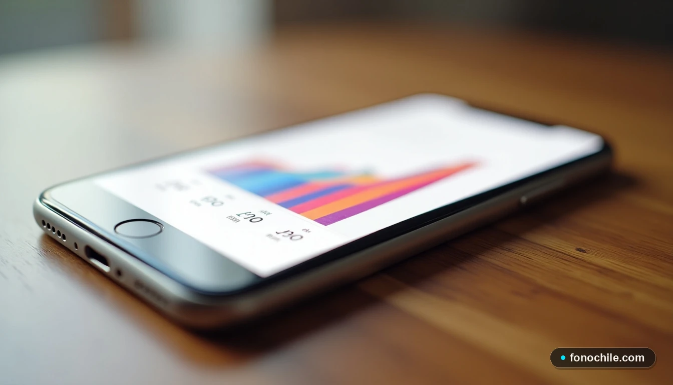 Smartphone mostrando gráficos abstractos de ahorro en ofertas de telefonía móvil sobre una mesa de madera.